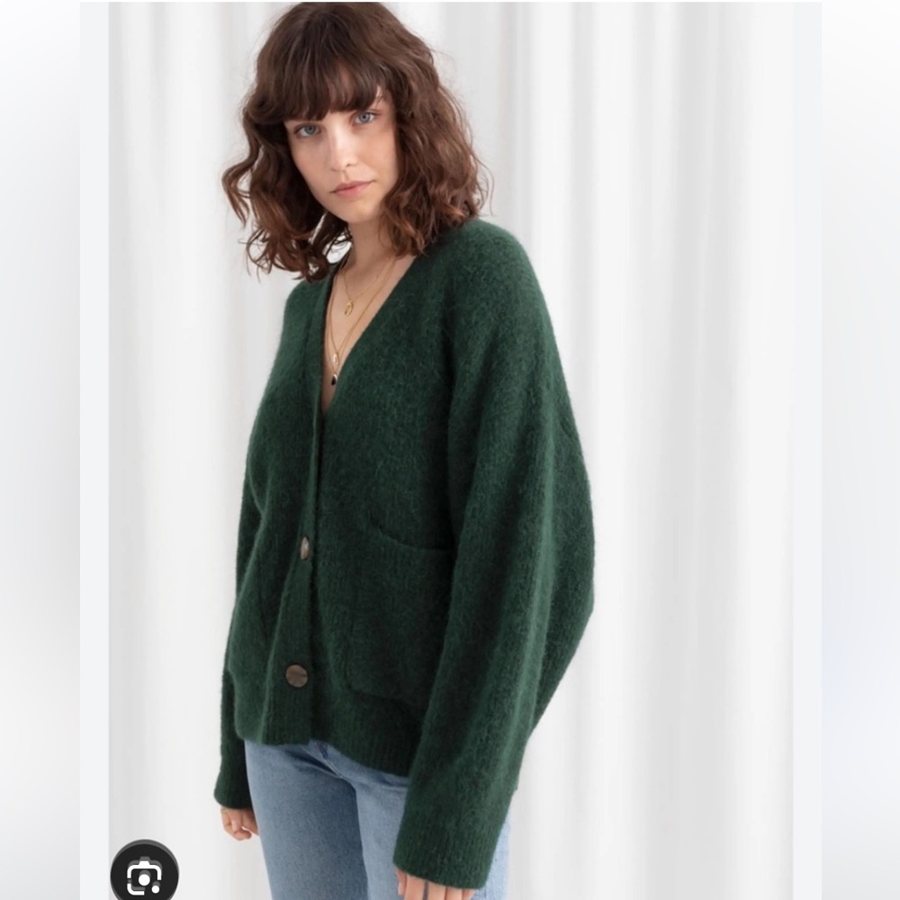 & Other Stories Forest Green Fuzzy V-Neck Cardigan